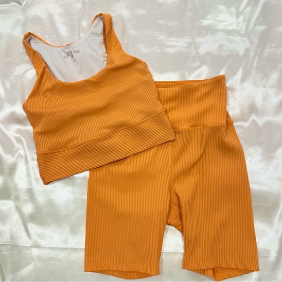 Years Of Ours Ribbed Matching Set Biker Shorts Racerback Sports Bra Orange Small - Picture 1 of 16